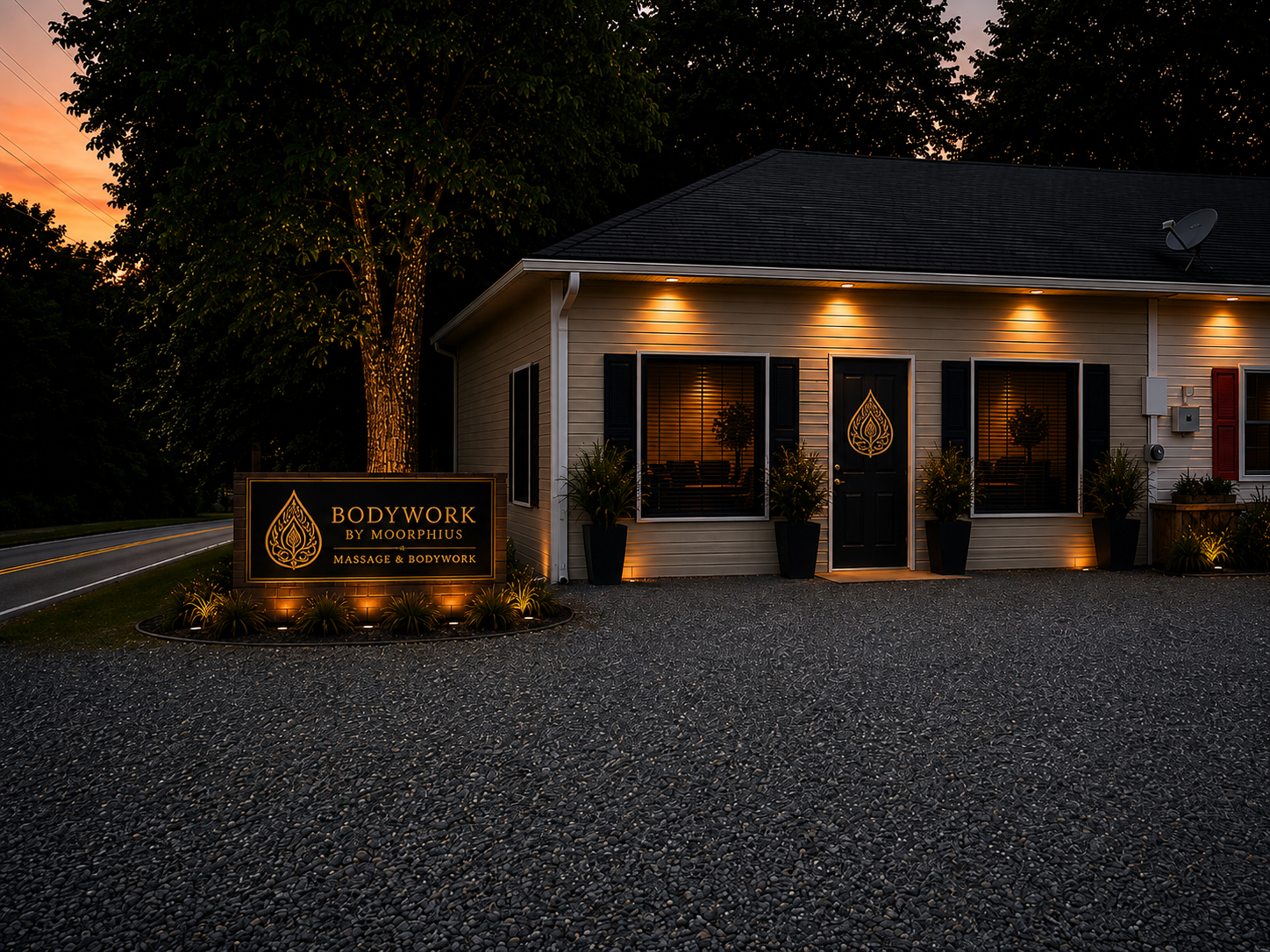 Exterior of the Bodywork by Moorphius studio at sunset
